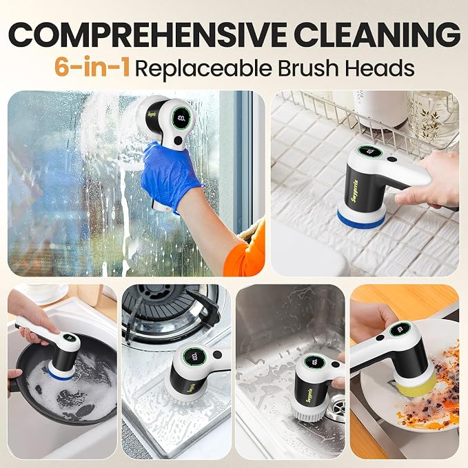 Electric Spin Scrubber for Bathroom and Shower Cleaning SD-CTB02 | 2 Speeds Cordless Power Cleaning Brush, 6 Replaceable Brush Heads, IPX7 Waterproof, For Bathroom, Sink, Tile, Kitchen, Grout
