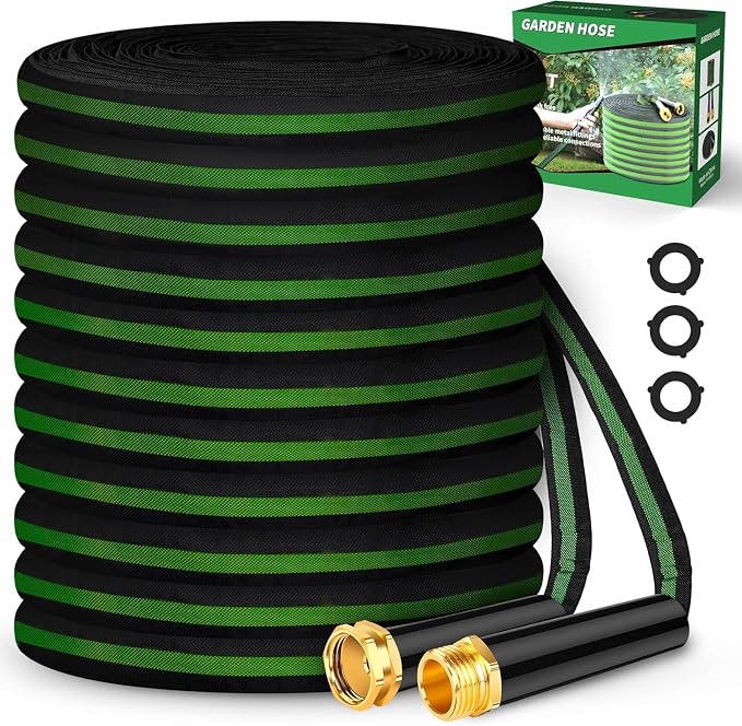 Garden Hose 100ft Lightweight, Non-Expanding, Leak-Proof Metal Connector, No-Knot No-Tangle, Easy to Store and Carry, Wear-Resistant, 3/4GHT Flexible Water Hose for Yard, Outdoor (Black Green)