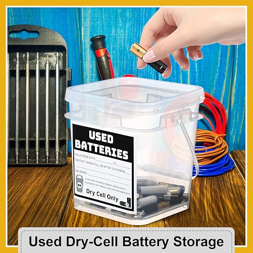 Baderke 2 Pack Battery Recycling Disposal Container with Label, Transparent | 1.32 Gallon Capacity, Battery Recycling Container with Label, Used-dry-cell Battery Storage Organizer, for Household, Office