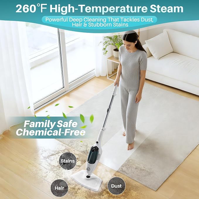 JOYMOOP Steam Mop & Handheld Steam Cleaner, 1100W Electric Steam Cleaner for Home, Fast Heat 20s, Adjustable Steam, Detachable Water Tank, 11 Accessories for Floors, Windows, Clothes