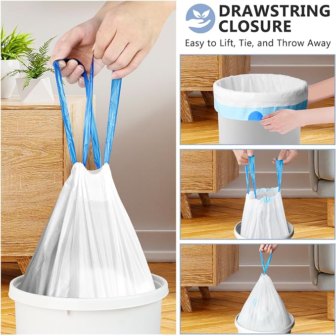 132 Count Small Trash Bags, 4 Gallon Drawstring Garbage Bags, Bathroom Wastebasket Liners, Tear-Free Plastic Bags for Toilet Home Office and Bedroom (White)