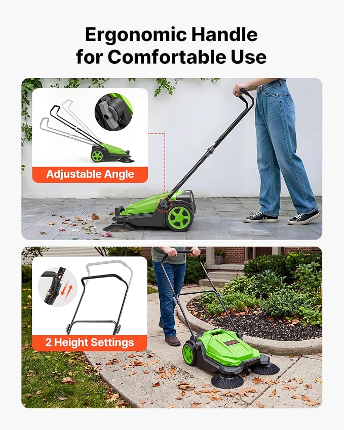VEVOR Walk-Behind Hand Push Floor Sweeper, Manual Floor Sweeper Non-Electric with 25.6" Sweeping Width, 5 Gallons Waste Container & Adjustable Folding Handle for Yards Walkways Patios Garages - Green