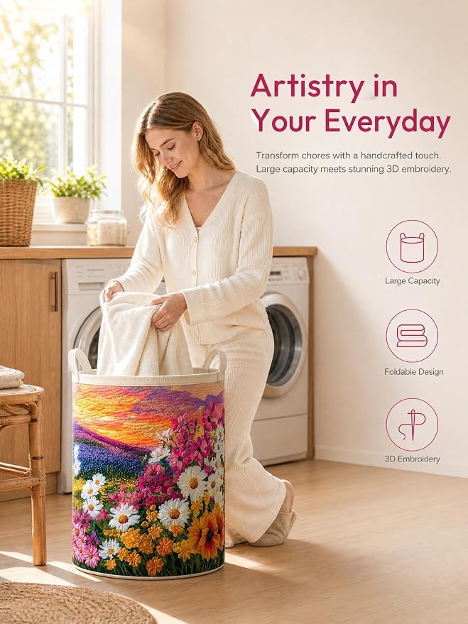 Quilted Laundry Basket with Handles, Boho Floral Quilted Storage Hamper, Large Capacity Laundry Hamper for Nursery Bedroom Laundry Room Home Decor (Pattern 01, Small (18"H x 14"W x 14"L))