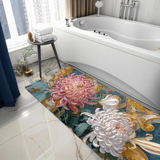ANNA QUEEN Vintage Chrysanthemum Laundry Room Rug Runner 20x47 Inch - Waterproof Non-Slip Floor Mat for Front Load Washer Dryer, Burgundy Floral Farmhouse Decor, Machine Washable