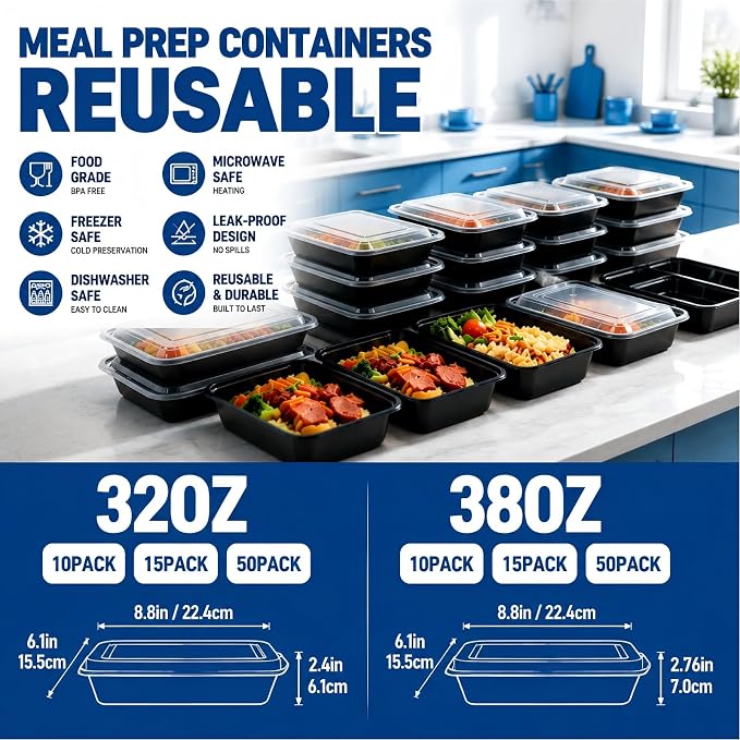 32oz 10 Pack Meal Prep Containers, BPA-Free Microwave Freezer Dishwasher Safe To Go Food Containers, Disposable Food Storage Containers with Lids, Leakproof Food Prep Containers with Lids