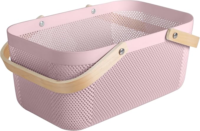 Simplify Large Mesh Plastic Storage Basket with Wooden Handle Blush Color | Garden Harvest Organizer | Kitchen Pantry Storage Bin