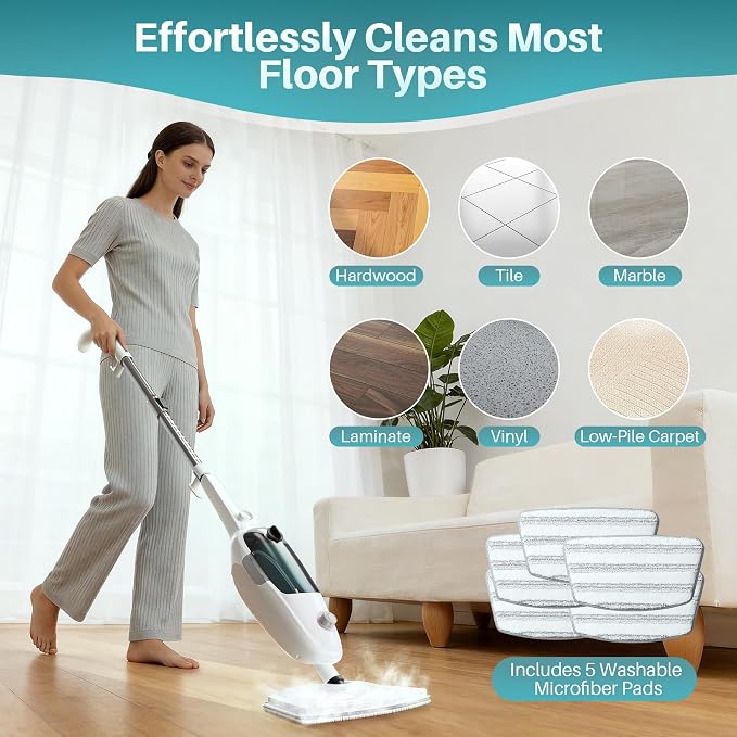 JOYMOOP Steam Mop & Handheld Steam Cleaner, 1100W Electric Steam Cleaner for Home, Fast Heat 20s, Adjustable Steam, Detachable Water Tank, 11 Accessories for Floors, Windows, Clothes