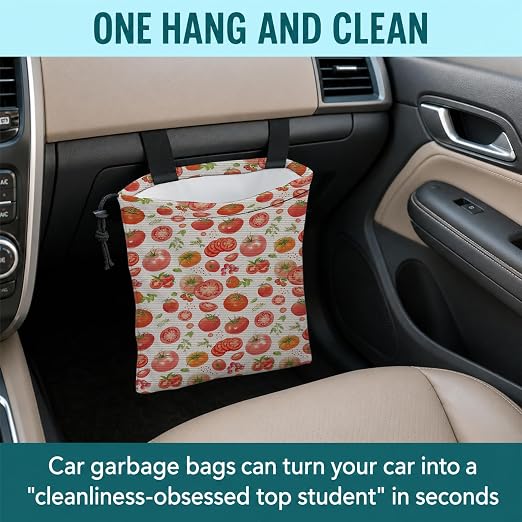 Red Tomato Fruit Car Trash Bag Hanging for Back Seat | Rustic Botanical Canvas Drawstring Car Garbage Bag with Adjustable Buckle Vehicle Trash Can