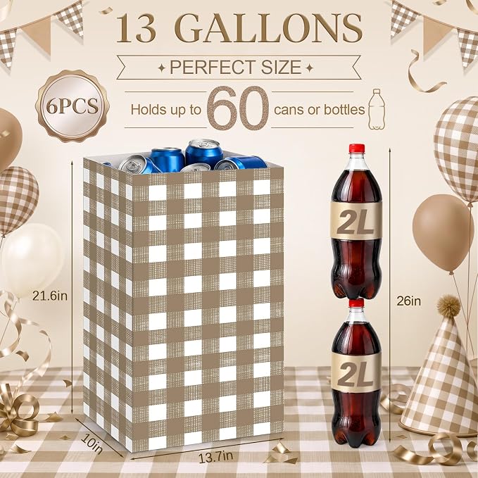 Tinlade 6 Pack Disposable Trash Cans for Parties 13 Gallon Pop up Trash Cans Large Collapsible Garbage Bins Thick Foldable Recycling Bin for Holiday Party Gatherings, Khaki Plaid