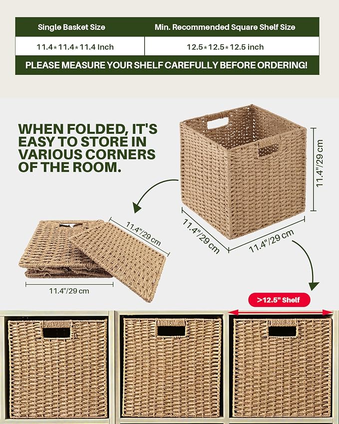 Paper Woven Foldable Storage Baskets 4 Pack, 11.4 Inch Cube Storage Bins, Handmade Paper Material Collapsible Organizer for Shelves & Home Organization, Ideal for Clothes Books Toys Snacks (Natural)