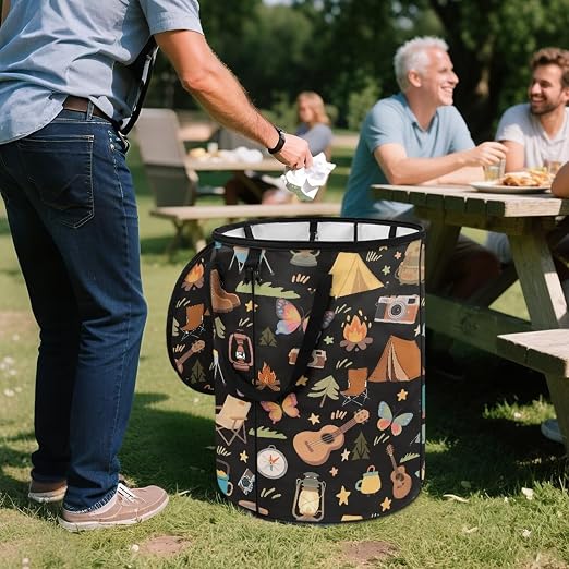 Black Collapsable Trash Can with Lid 20+ Gallon Cute Trash Can Bags with Butterfly Tent Print Waterproof Outdoor Garbage Cans for Camping, RV's, Picnic