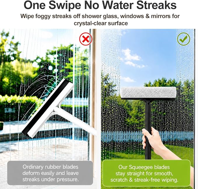 2 in 1 Window Squeegee with Adjustable Telescopic Pole, Shower Glass Squeegee for Indoor Outdoor Windows, Glass Doors, Shower Stalls, Car Windshield, Bathroom Tiles and Hard Floors