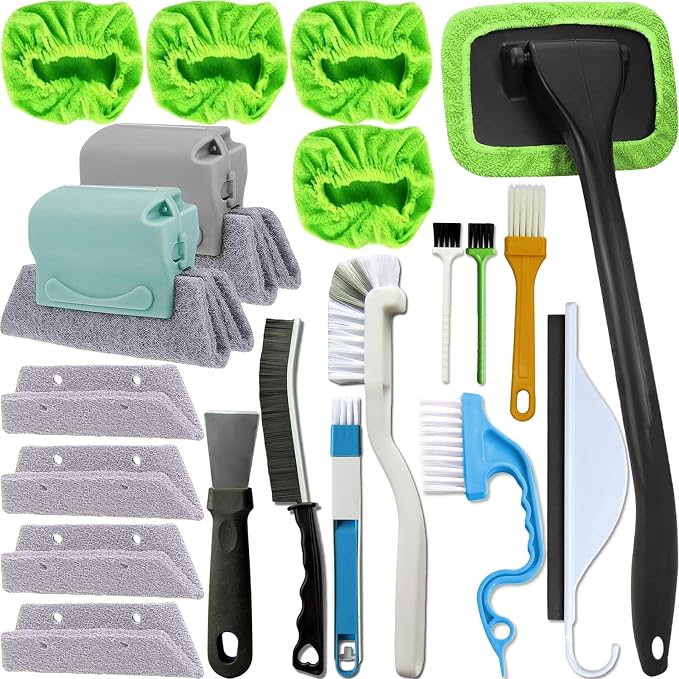 CRAFNEW Window Track Cleaner Kit, 20Pcs Small Crevice Window Cleaning Tools | Cleaning set for sliding door tracks, window sills, shower doors, bathroom mirrors and car vents, ideal for deep cleaning