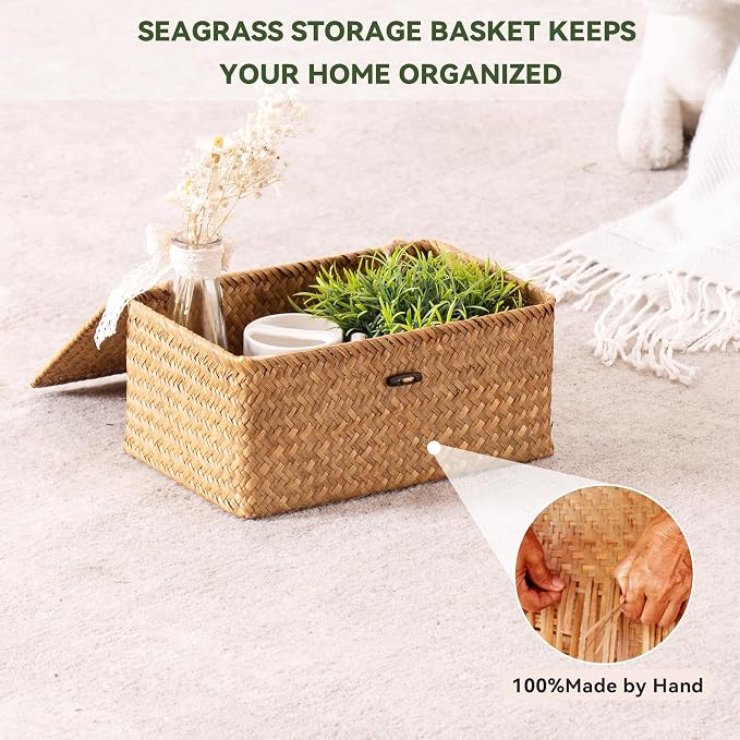 Nonam Wicker Storage Basket with Lid,Seagrass Shelf Basket Set of 3,Nautral | Wicker Basket Container for Organizing, Boho Decorative Basket, Rectangular Household Storage Boxes for Home Organization