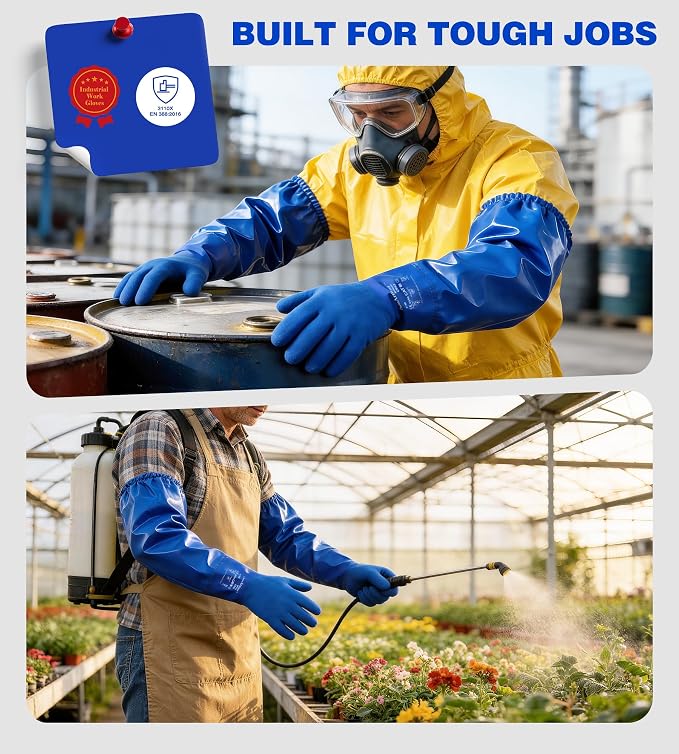 AnTools 25" Heavy-Duty PVC Chemical Gloves, Waterproof Long-Sleeve Work Gloves with Cotton Liner and Non-Slip Grip, for Lab, Pool Cleaning, Oil, and Industrial Work, Blue, Medium