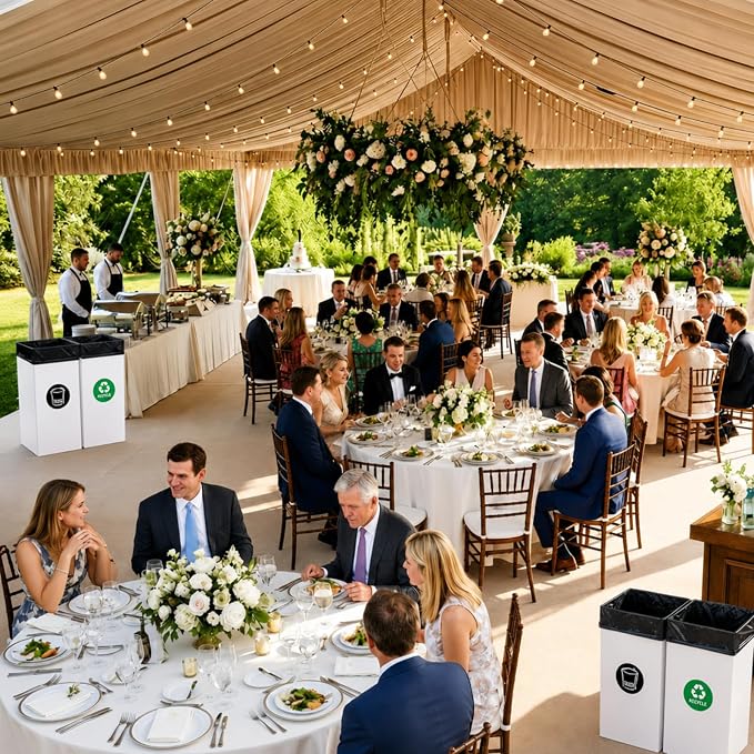 4 Pack Disposable Trash Cans for Parties, 30 Gallon Extra Large Thick Recycled Corrugated Cardboard Trash Bin, Collapsible Garbage Cans with 8 Bags for Wedding, Birthday, Backyard Party Event
