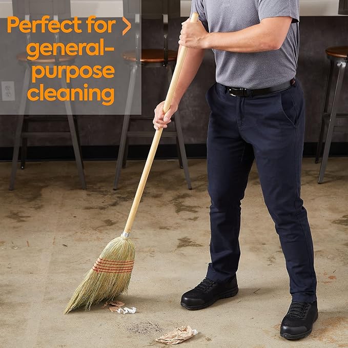 Coastwide Professional 10 Inch Standard Corn Broom, Natural, Wood Handle | Durable corn-fiber bristles for sweeping floors in offices and facility areas.