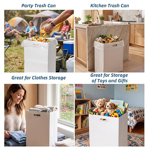 WIFTREY 13 Gallon Disposable Trash Cans for Parties 5 Pack, White | 13.5"L x 10.0"W x 21.7"H, Collapsible Waterproof Cardboard Bins with Handles, Reusable or Single-Use for Camping, Kitchen