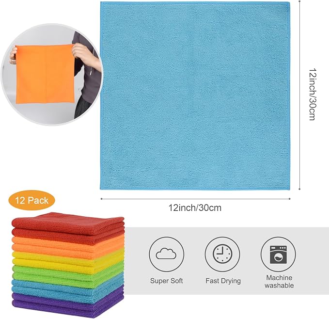 Microfiber Rag Cleaning Cloth Kitchen Dish Cloths 12x12inch 12 Pack | Absorbent, Quick Dry, Streak Free, Dish Rags, Glass Cloths