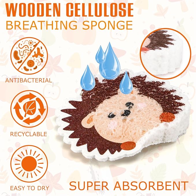 Whaline 8Pcs Fall Kitchen Sponges Pumpkin Maple Leaves Acorn Hedgehog Water Absorbing Dish Washing Sponge Non Scratch Cleaning Scrubbers for Autumn Thanksgiving Home Kitchen Decor
