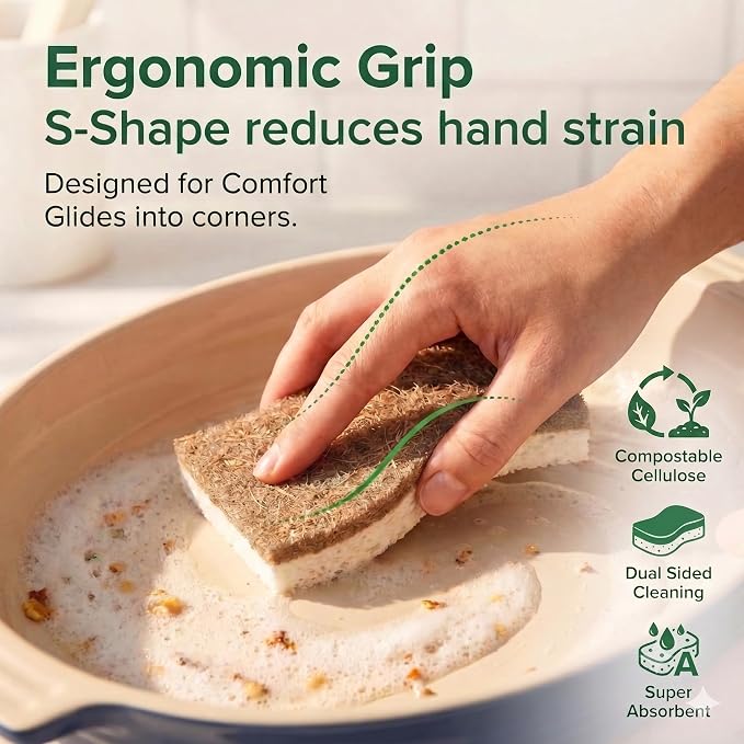 6 Pack Washing Up Sponges, Eco Kitchen Dish Cleaning Sponges, Biodegradable & Compostable Natural Cellulose Sponge with Coconut Fibre Scrubber, Non Scratch Heavy Duty Scouring Pad
