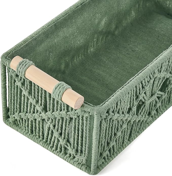 Mkono 2Pc Macrame Storage Basket, Boho Decor Toilet Paper Holder, Green | Small Baskets for Organizing, Hand-Woven, Bohemian Beach Coastal Decor, Shelf Vanity Cabinet Bedroom Living Room Office Dorm
