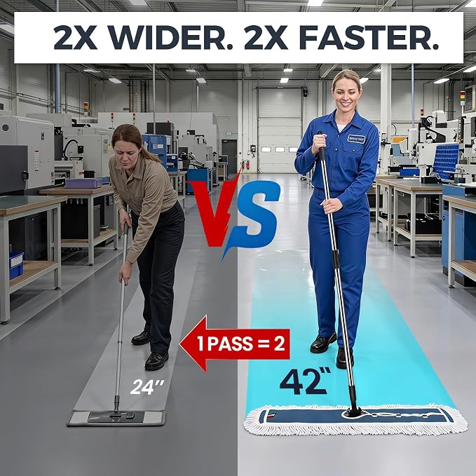 42" Commercial Dust Mop for Floor Cleaning, Heavy Duty Industrial Mop | Large Flat Mop with Long Handle, Push Mop with 2 Different Mops Pads, for Hardwood, Tile, Gym, Office, Mall, Warehouse