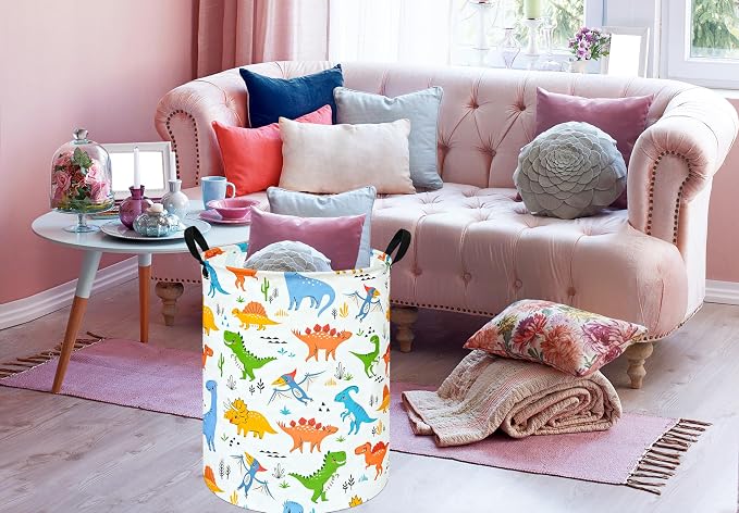 Colorful Dinosaur Laundry Basket,Dragon Nursery Hamper,Toy Basket for Boys | Collapsible Waterproof Kids Laundry Basket With Handle,Multi-scene Organizer for Home Bedroom,Jurassic Dinosaurs Gift Bin