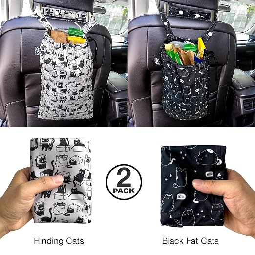 2 Pack Leakproof Car Trash Bags Detachable Waterproof Garbage Bags with Drawstring Hanging Organizer for Back Seat & Travel Cute Cats Design