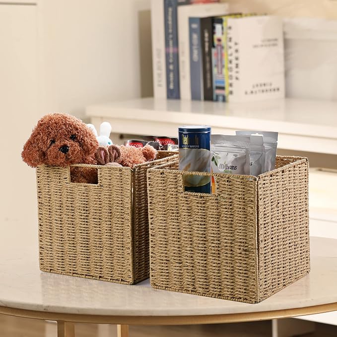 Vagusicc Wicker Storage Basket, Set of 2 Hand-Woven Storage Baskets for Shelves with Handles Foldable Cube Storage Baskets Bins, 9 inch Wicker Baskets for Pantry Bedroom Organizer &Decor, Natural