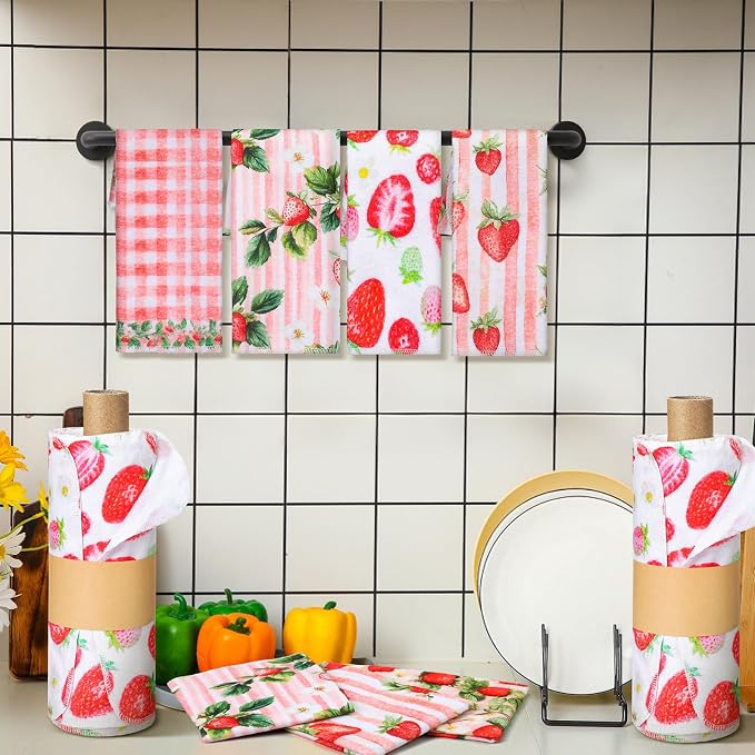 Reusable Kitchen Cloths Cotton Towel, 36 Pack, Strawberry | Washable 9.84x11.81in, Paperless Towel Rolls Bulk, Cleaning Cloth Napkins for Dishes