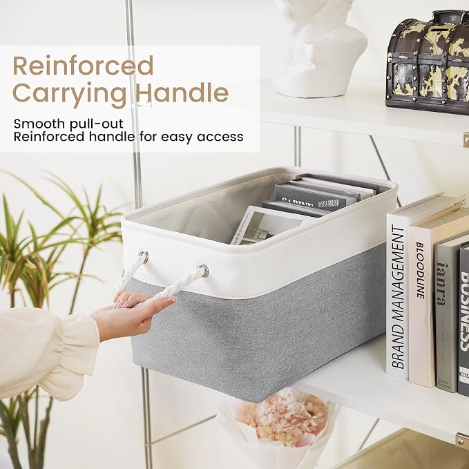 15x11x10 In Foldable Fabric Large Storage Bins with Handle 6 Pack | Organizer Baskets, Sturdy Metal Strand, Cardboard Support Molding, Storage Baskets for Shelves, Closet, Bedroom, White/Gray