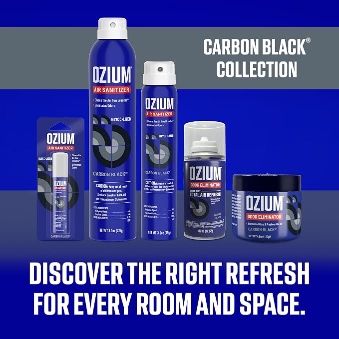 Ozium Air Sanitizer, 2 Oz. Single-Shot Odor Eliminator | Anywhere Odor Eliminator, Single Shot Total Air Refresh & Car Air Freshener, Carbon Black, 4 Pack