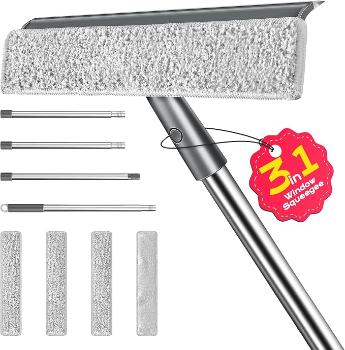 Window Squeegee for Home, Window Cleaner Tool with Extension Pole, Squeegee for Window Cleaning with 3 Microfiber Cloths and Screen Brush, Window Cleaning Kit for Car Windshield, Shower Glass Doors