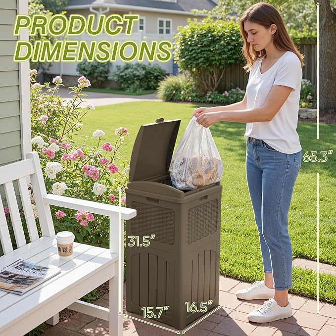 Greesum 33 Gallon Resin Outdoor Trash Can with Lid, Waterproof, Brown | Resin Garbage Bin,UV-resistant for Hideaway, Patio, Deck, Light