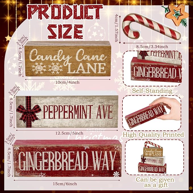 Moucuny 4 Pcs Christmas Table Decor Wooden Candy Cane Decoration Farmhouse | Tiered Rustic Design with Candy Cane, Shelf Decor for Kitchen or Living Room, Holiday Centerpiece, Farmhouse Gift