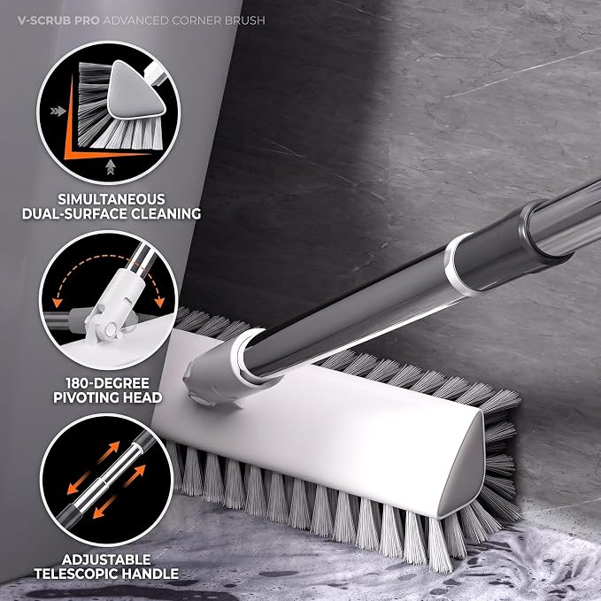 V-Shaped Floor Scrub Brush with Long Handle, Heavy-Duty Stiff Bristle Grout Cleaning Brush, 180° Rotating Tile Scrubber for Bathroom, Shower, Kitchen, Garage, Patio, Deck & Concrete Floors