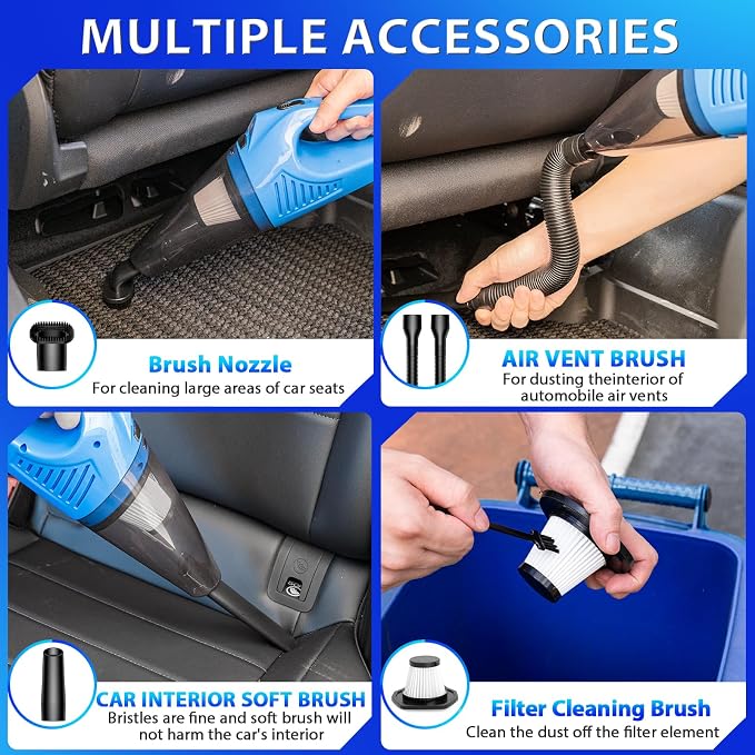 THINKWORK Car Cleaning Kit with Vacuum,Deep Cleaning for Interior Detailing | 7600PA High Power Corded Handheld Vacuum,Windshield Cleaner Tool,Detailing Brush Set,Storage Bag,17Pcs Blue Car Accessories