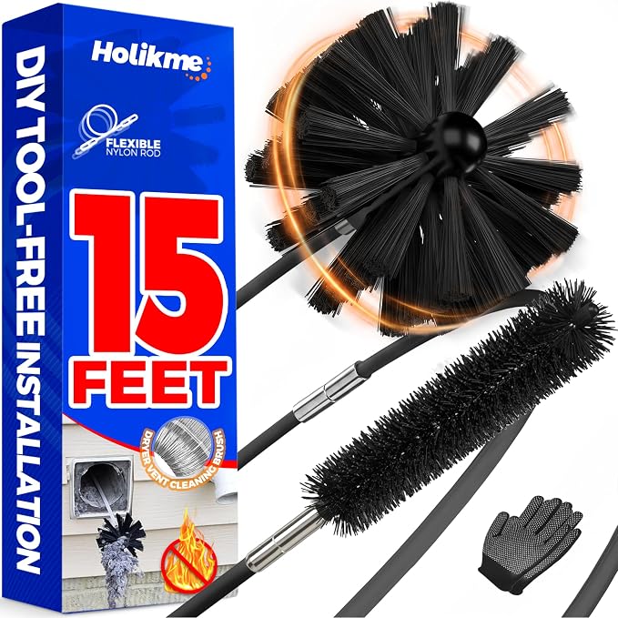 Holikme Dryer Vent Cleaner Kit - 15Ft Flexible Lint Brush for Deep Cleaning | Dryer Vent Cleaner Brush with Drill Attachment, Removes Years of Lint Buildup, Faster Drying & Fire Safety, Black