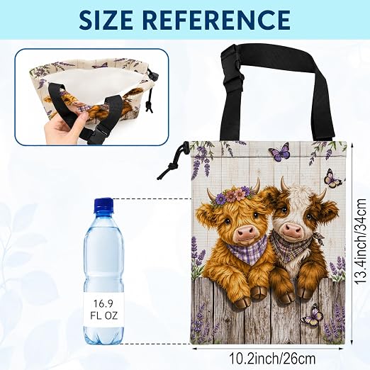 Farmhouse Highland Cows Car Trash Bag Hanging for Back Seat | Rustic Lavender Floral Cow Canvas Drawstring Car Garbage Bag with Adjustable Buckle Vehicle Trash Can