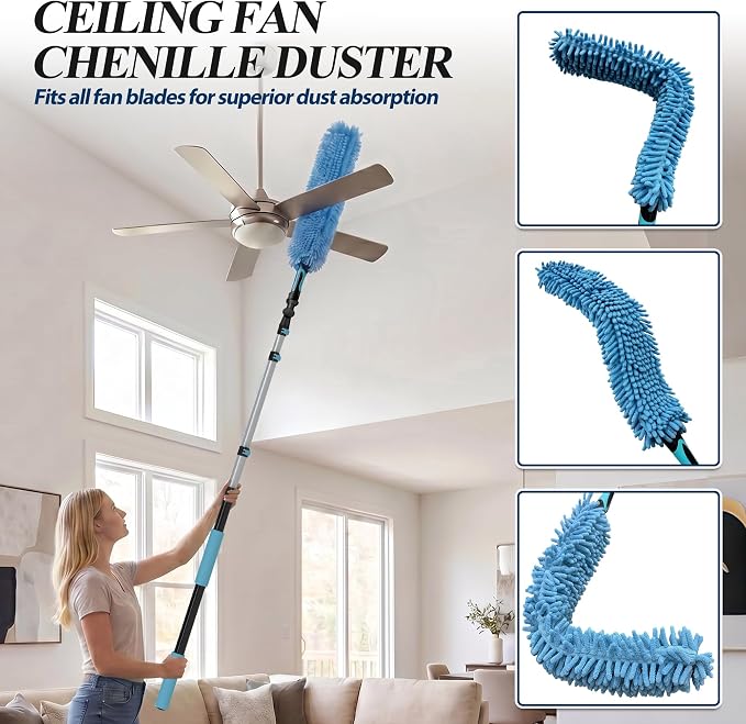 COVERONICS 25FT High Duster Cleaning Tools with 5-20FT Extension Poles | Reusable Fan Duster Cleaning Kits with Ceiling Fan Cleaner Duster, Window Squeegee, Microfiber Feather Duster & Cobweb Duster