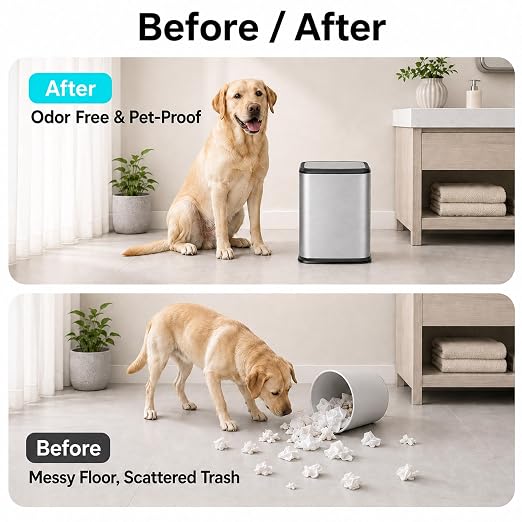 2.1 Gal Slim Bathroom Trash Can with Swing Lid, Rustproof Stainless Steel Small Garbage Can for Narrow Spaces & Toilet Side, Dog Proof Odor Control Waste Basket for Bedroom/Office, Silver