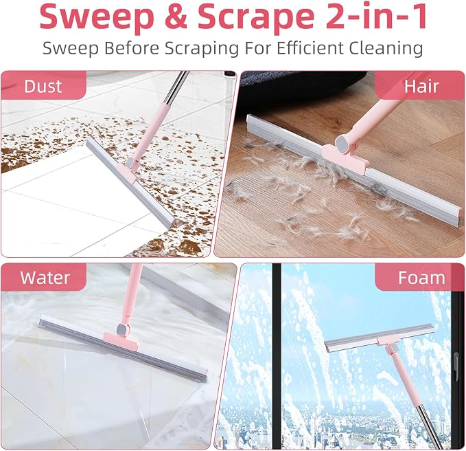 19" Floor Squeegee with Long Handle, 51" Stainless Steel Handle | 19" Rubber Blade, Heavy Duty Squeegee for Tile, Garage, Shower Glass, Marble, Windows Cleaning, Pet Hair, Water Removal