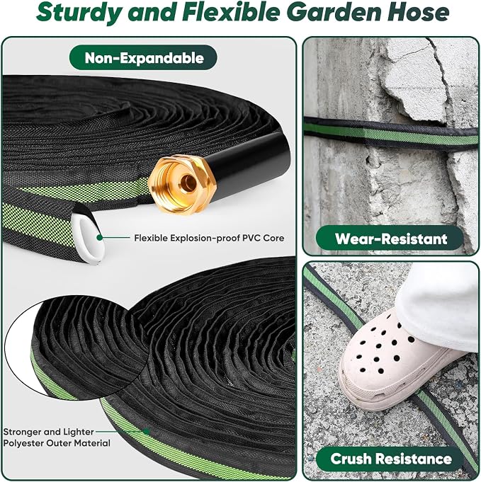 Garden Hose 100ft Lightweight, Non-Expanding, Leak-Proof Metal Connector, No-Knot No-Tangle, Easy to Store and Carry, Wear-Resistant, 3/4GHT Flexible Water Hose for Yard, Outdoor (Black Green)