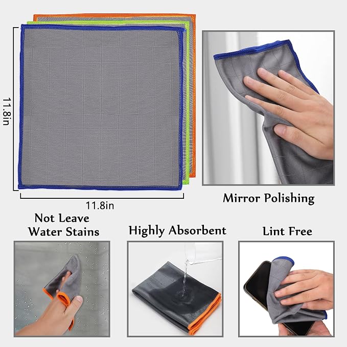 Microfiber Glass Cleaning Cloths,Lint Freel,11.8"×11.8in,3 Pack | Streak Free Miracle Cleaning Cloth,Reusable Cleaner Towels for Kitchen,Windows,Stainless Steel,Mirror,Glasses,Car Windshields