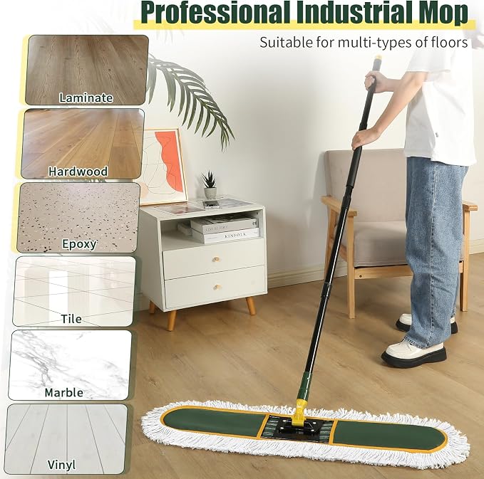 BUVE 24 Inch Commercial Dust Mop Heavy Duty, Dry Wet Dust Broom | 2 Cotton Mop Pads,60 Extendable Handle for Hardwood Floor Laminate Tile Concrete Cleaning,Home Garage Warehouse Use