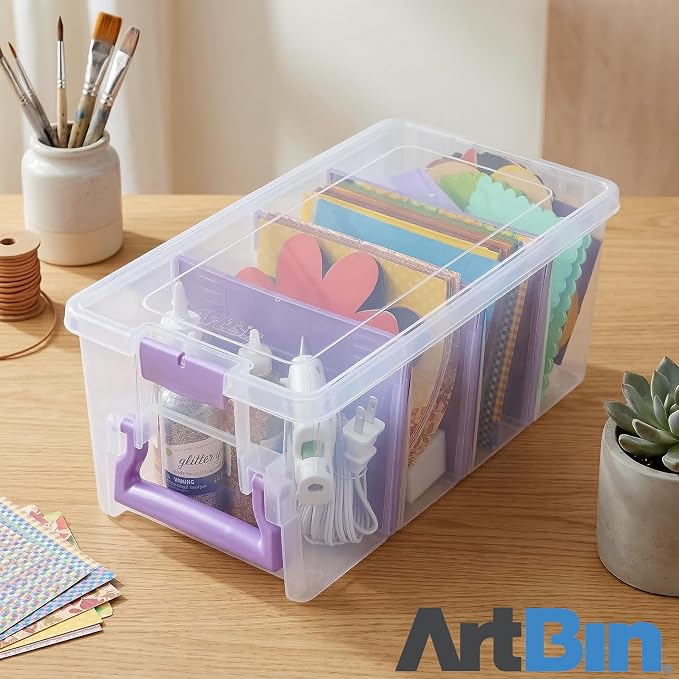 ArtBin Semi Satchel Portable Craft Organizer with 3 Dividers - Clear Plastic Storage Case for Art & Craft Supplies | 3 Removable Dividers, 15.2 x 8 x 6.2 Inches, Secure Latches, Carry Handle, Clear Durable Polypropylene