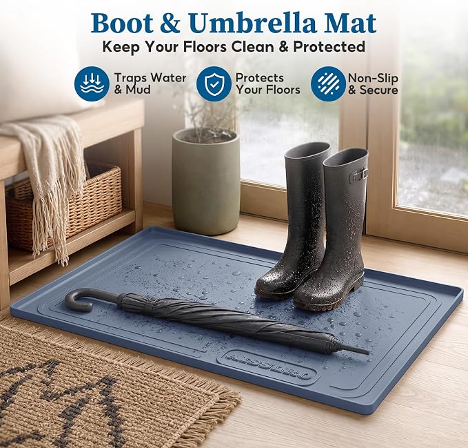 Waterproof Under Sink Mat 34"x22", Silicone Mat, Dark Blue | BPA-Free Shelf Liner, Raised Edge Traps Spills & Leaks, Bathroom, Kitchen Cabinet, for Boots, Pets, Home Essentials Organizer