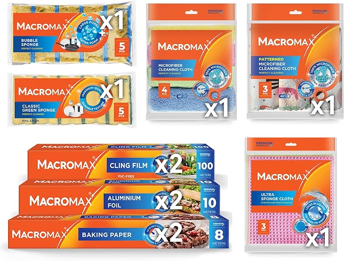 Macrofresh MacroMax 11-Pc Ultimate Kitchen Essentials Bundle: Cling Film, Foil, Baking Paper, Ultra-Absorbent Sponge Cloths, Patterned Cleaning Rags & Deep-Foam Sponges