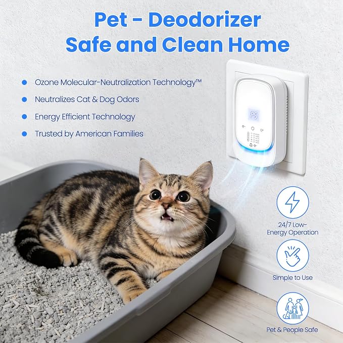 Odor Eliminator, Cat Litter Deodorizer Plug in Air Purifier for Strong Smell Pet Odor Reducer for Home Bathroom Cabinet and Garage